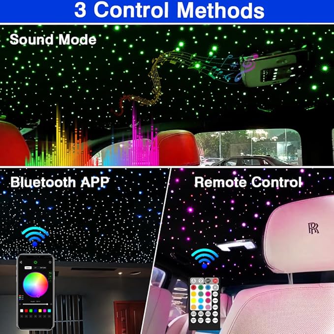 FIREWORK Starlight Headliner Kit, Fiber Optic Lights 10W RGBW Twinkle+Music Sync Effect+APP+Remote, 550pcs 13.1ft/4m 0.03in/0.75mm Fiber Cable for Star Lights for Car/EV & Home Theater Ceiling
