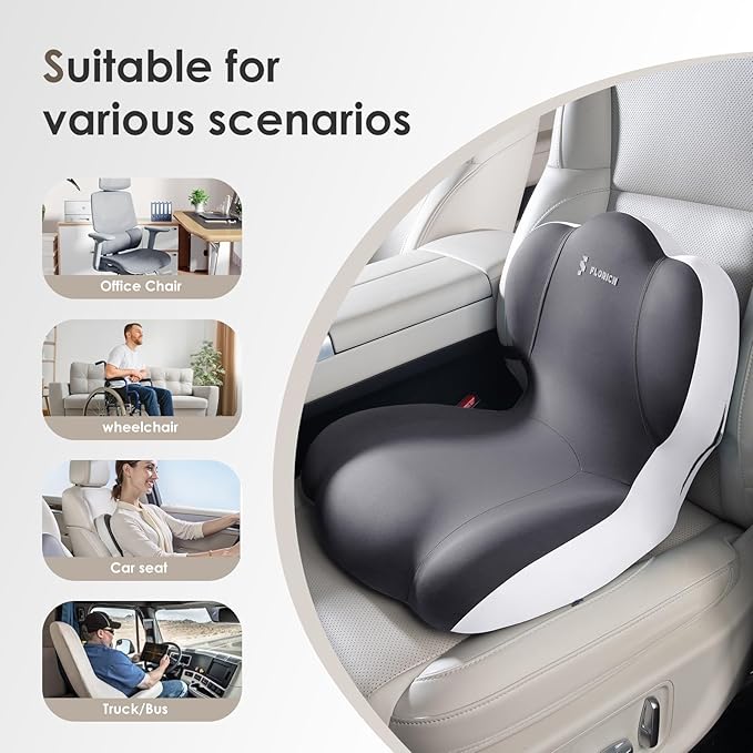 FLORICH Memory Foam Truck Seat Cushion,Car Seat Cushion and Lumbar Support Pillow for Office Chair, Ergonomic Back Support & Sciatica Relief for Long Drives(Light Beige Grey)