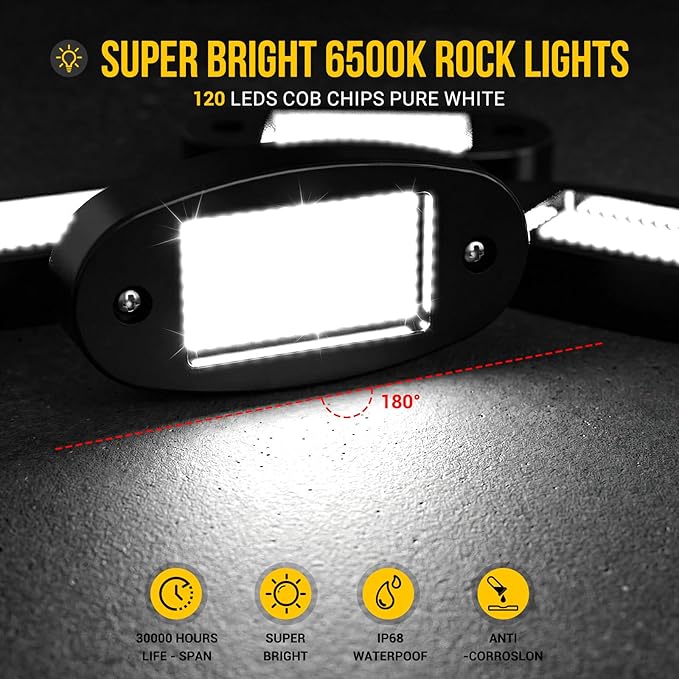 Hovano 20 Pods COB White Rock Lights, 120 COB Chips 6500K Pure White Super Bright Neon Underglow, IP68 Waterproof Shockproof Off-Road Light Kit for Pickup Trucks, SUV, UTV, ATV, RZR, Cars & Boats