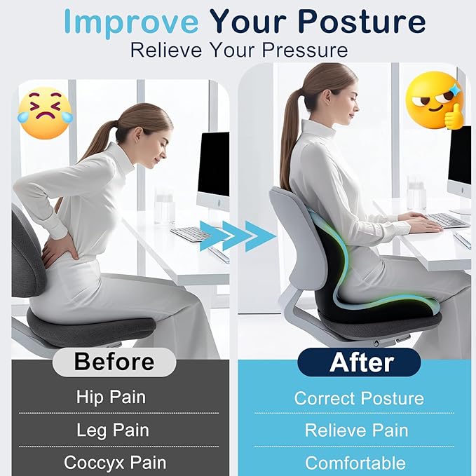 Seat Cushion, Office Chair Cushion, L-Shaped Ergonomic Car Seat Cushions, Memory Foam Chair Cushion, Lumbar Support Pillow for Wheelchair, Car, Home, Office, Desk, Blue