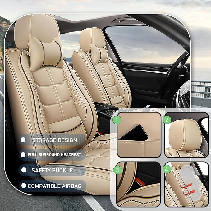 Leather Car Seat Covers Fit for Toyota Sequoia 2001-2024, 5 Seater Car Seat Cover, Premium Waterproof, Scratch Resistant Car Interior Accessories (Full Set with Pillow Beige)