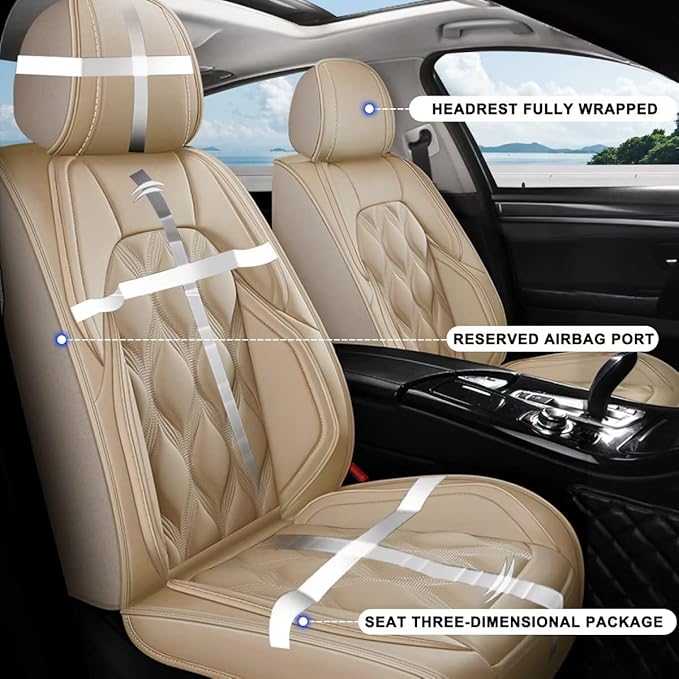 AOMSAZTO Front Seat Covers Fit for Volkswagen Taos 2022-2026 Waterproof Faux Leather Car Seat Cover Compatible with Airbag(2PCS Front, Beige)