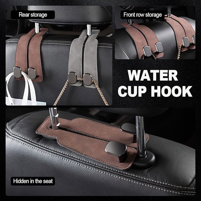 2026 New 2 in 1 Car Seat Back Storage Hook, Car Backseat Organizer Accessories, Premium Leather Headrest Hook for Auto Hooks Organizer for Handbag Purse Coat Bags (1, Brown)