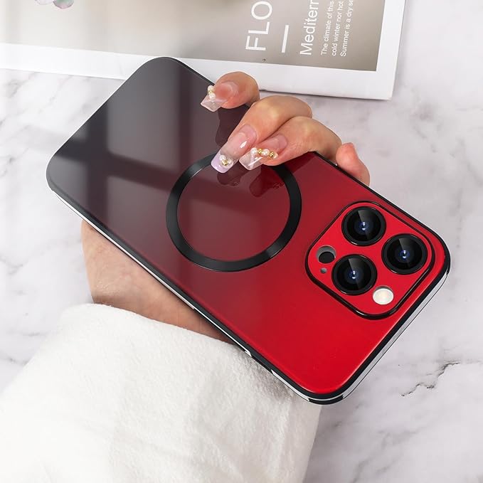 Guppy Compatible with iPhone 13 Pro Max Case Magnetic, with Full Camera Lens Protector [Compatible with MagSafe] Scratch Resistant Gradient Glass Back Cover Phone Case-Red