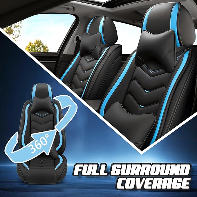 Car Seat Covers for Cadillac CTS 2003-2019, Premium Nappa Leather Car Seat Cover, Stylish Sport Seat Covers， Automobile Seat Cover Sets.(Luxury 2 Seats/Black Blue)
