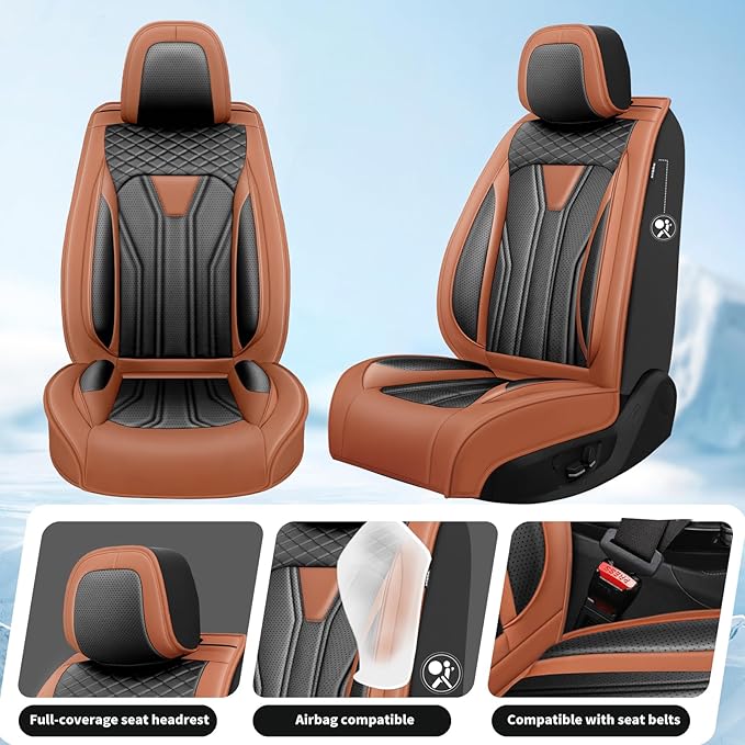 Fit Sentra Car Seat Covers Compatible with Nissan Sentra 2001-2025 2026 - Full Set Premium Leather， Waterproof Breathable， All-Weather Seat Cushion Protecto&Airbag Compatible（Brown & Black