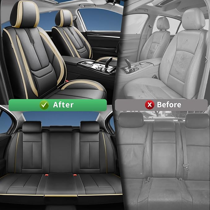 Fit Ioniq Car Seat Covers for Hyundai Ioniq 2017-2024 2025 2026 -Upgraded Premium Waterproof & Breathable Leather,Airbag Compatible,All-Weather Seat Cushion Protector,Full Set,Black-Beige