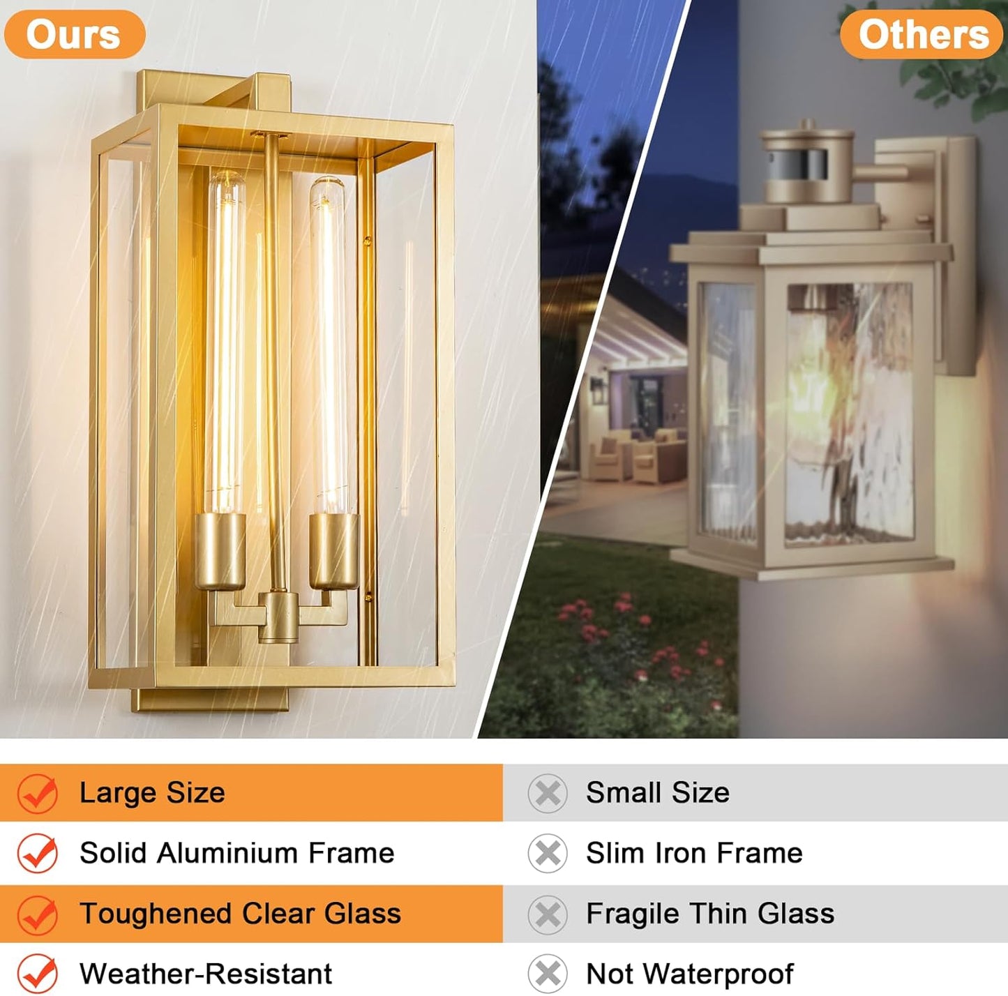 Outdoor Wall Sconce, 21" Large Gold Wall Mount Lamp, Outside Lights Front Porch Light, Waterproof Modern Porch Lighting Exterior Lamp for Front Door, Entryway (Bulbs Included)