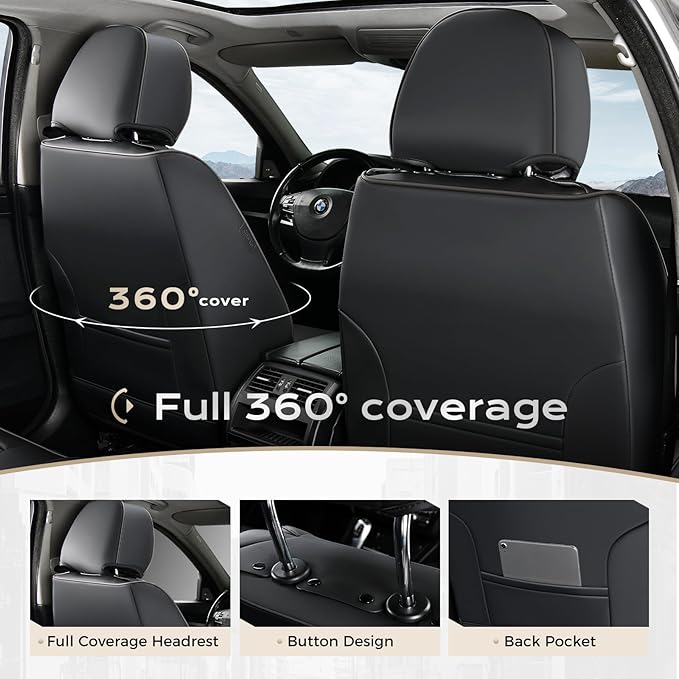 Coverado Car Seat Cover, Cover for Cars Full Seat, Premium Leather, Universal Fit Waterproof Seat Protectors, Car Seat Cushion Non-Slip for Most Cars-Black