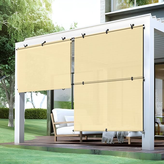 Bynbbur 4'W x 15'H Outdoor Patio Shades Foldable Roller Blinds, 220 GSM Sun Shade Roll Up Porch Screens Exterior Shade Cloth for Deck Pergola Backyard, Beige