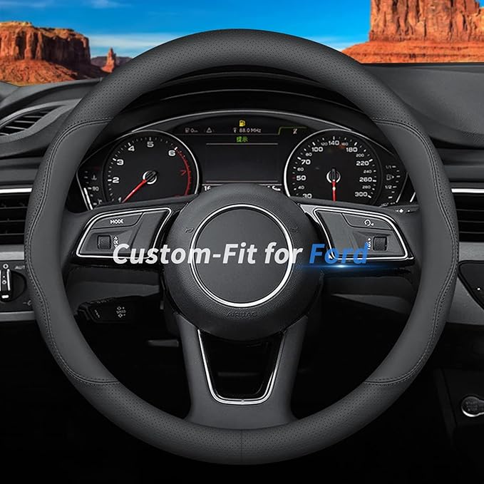 Custom-Fit for Ford Steering Wheel Cover, Premium Leather Car Steering Wheel Cover with Logo, Non-Slip, Breathable (B-Style,for Ford)