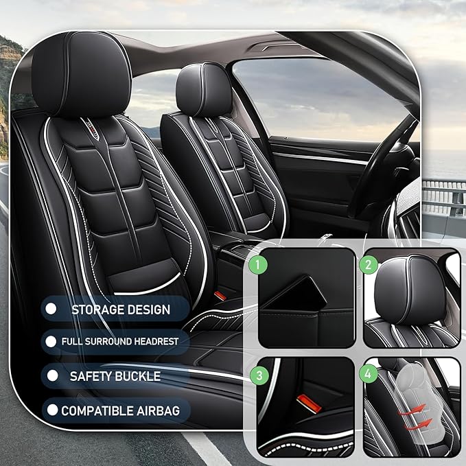 Leather Car Seat Covers Fit for Toyota Mirai 2016-2024, 5 Seater Car Seat Cover, Premium Waterproof, Scratch Resistant Car Interior Accessories (Full Set Black White)