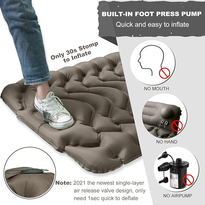 MEETPEAK Camping Pad, Foot Press Inflatable Sleeping Pad Extra Thick Lightweight Camping Sleeping Mat Ultralight Compact Waterproof Air Mattress for Outdoor Hiking Hammock Backpacking Sleeping Bag