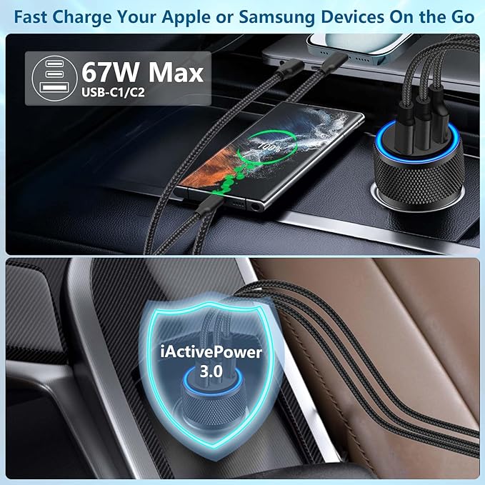 [Apple MFi Certified] iPhone 17 Car Charger Fast Charging, KYOHAYA 3-Port 67W PD/QC Car Power Adapter USB-C Charger Cigarette Lighter + Type-C Braided Cord for iPhone 17/17 Pro/16 Pro/15/Galaxy/Pixel
