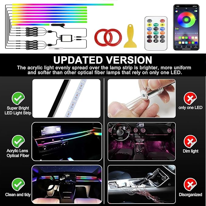 Acrylic Interior Car LED Strip Light with APP Remote Control,235 inches 8 in 1 RGB Dreamcolor Neon Flexible Strip Fiber Optic LED Ambient Lighting Kits,RGB Music Lights Sync for Inside car Decorations