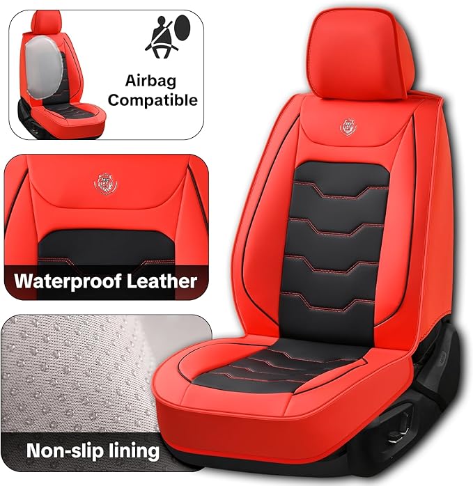 Car Seat Cover Set, Red and Black Seat Covers, Automotive Interior Accessories, Waterproof Synthetic Leather, Protect and Upgrade Your Car Interior, Fits Most Vehicles, Airbag Compatible