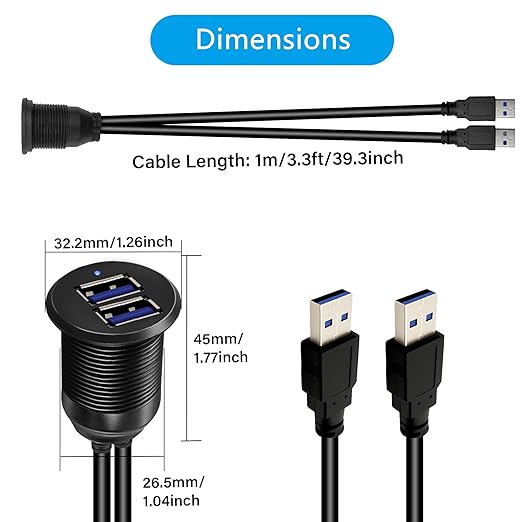 2 Ports Dual USB 3.0 Car Mount Flush Cable with LED Light, Male to Female, Metal Shell, 5Gbps USB Dashboard Panel Mount Waterproof Extension Cord for Car Truck Boat Motorcycle (2M/6.6Ft)