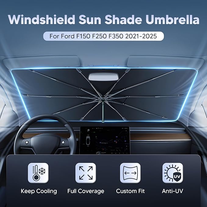 Autorder Windshield Sun Shade Umbrella for 2021-2026 Ford F-150 F-250 F-350 Accessories,Upgraded Ice Crystal Material,Easy Setup Umbrella Sunshade for Car Windshield,100% Sun Blocking