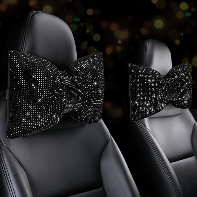 4 PCS Bling Car Pillows,Rhinestones Bowknot Car Headrest Pillow,Car Neck Pillow for Driver Relax Necksupport,Sleeping Travel Support Neck Pillow,Shiny Diamond Interior Accessories for Women,Black