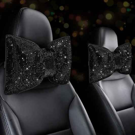 4 PCS Bling Car Pillows,Rhinestones Bowknot Car Headrest Pillow,Car Neck Pillow for Driver Relax Necksupport,Sleeping Travel Support Neck Pillow,Shiny Diamond Interior Accessories for Women,Black