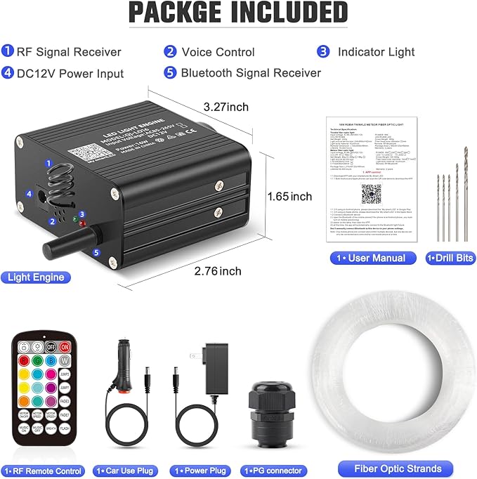 16W Twinkle Starlight Headliner Kit, 300pcs of (0.03+0.04+0.06in)*9.8ft Fiber Optic Strands Bluetooth APP/Remote/Music Control, RGBW Star Ceiling Light Kit+Adapter+Car Use Plug for Car