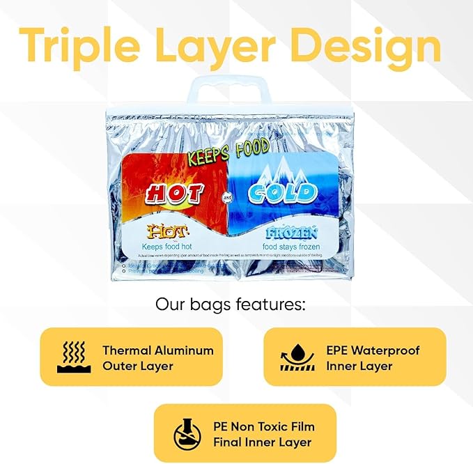 Superio Hot and Cold Insulated Bags for Food Delivery, Grocery Shopping Bags, Food Storage for Hot and Frozen Food for Travel, Disposable Cooler Bag, Reinforced Thermal Lunch Bag (3, 13"x5.5"x8.5")