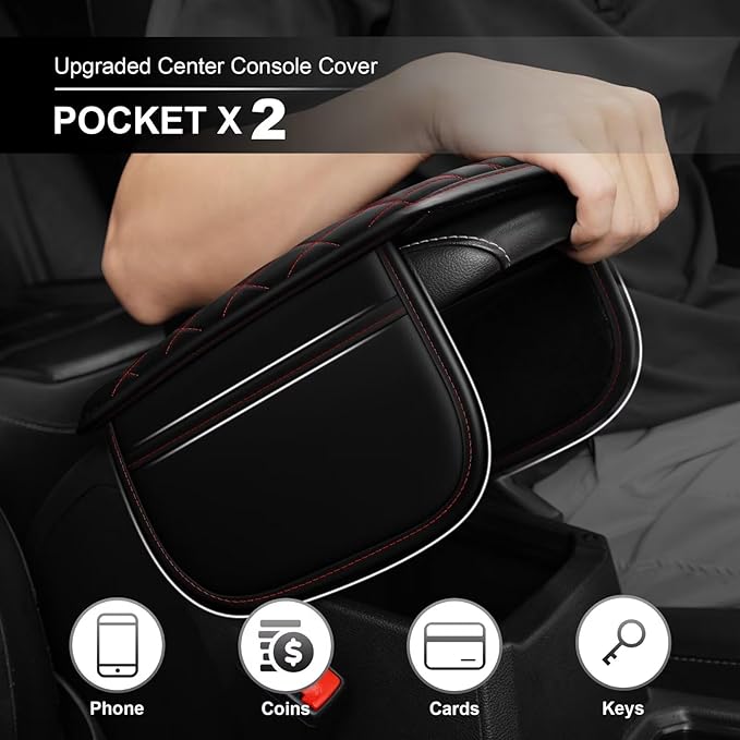 Upgraded Car Center Console Cover Fit for Avalon Faux Leather Car Armrest Cover Cushion with 2 Storage Bags,Car Armrest Storage Box Interior Accessories(Black&Redline)