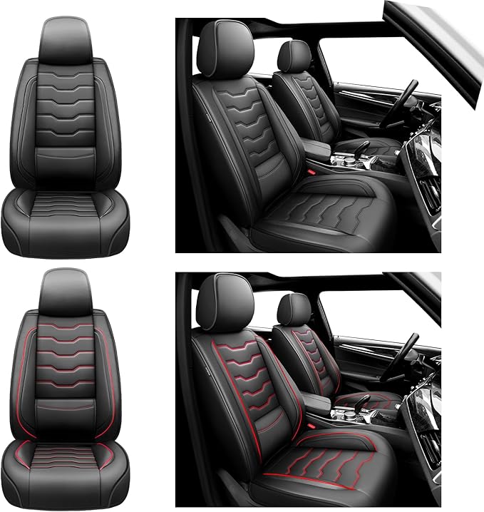 Fit Leaf Car Seat Covers Compatible with Nissan Leaf 2012-2025 2026 - Full Set Premium Leather， Waterproof Breathable， All-Weather Seat Cushion Protecto&Airbag Compatible（Red Line Black