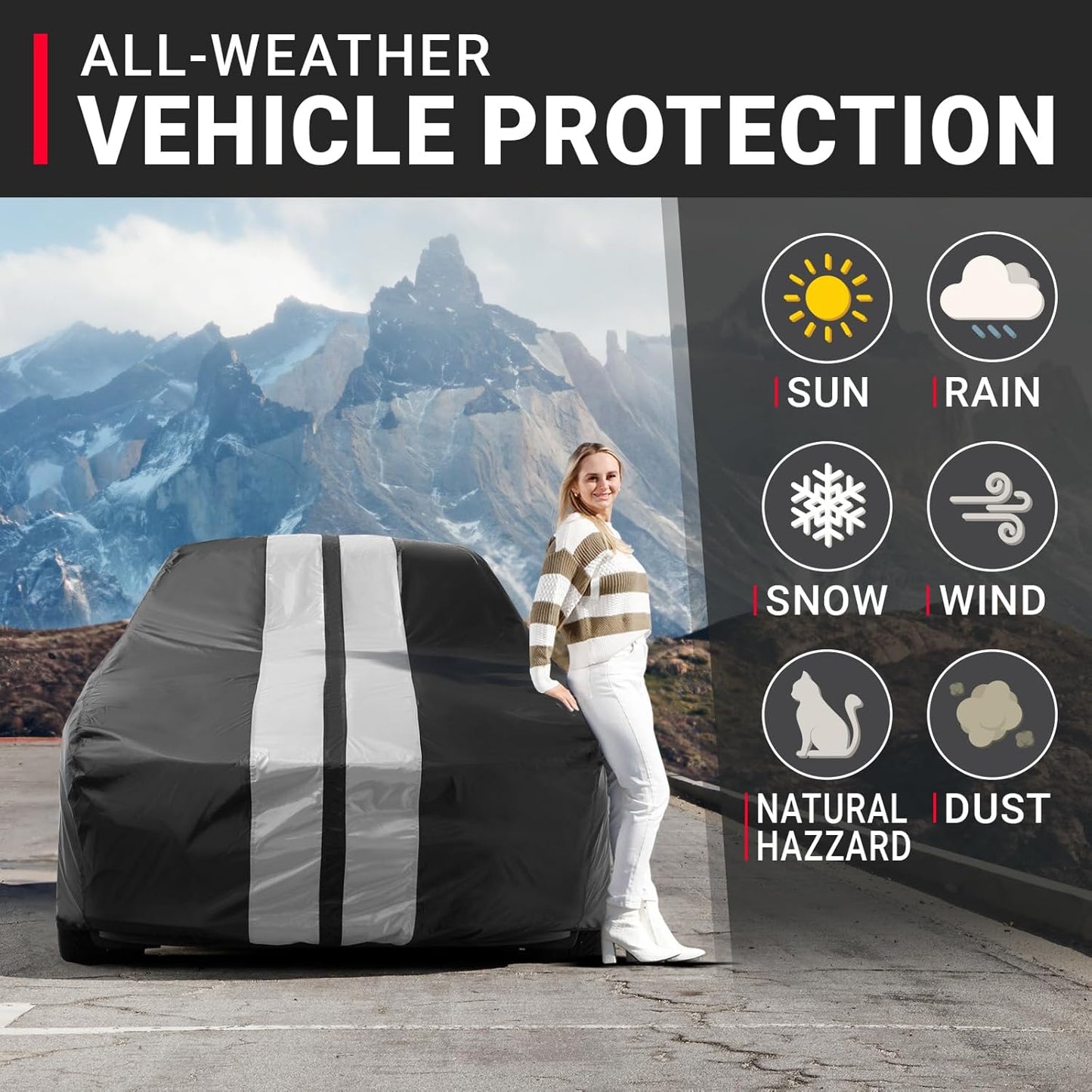 iCarCover Custom Car Cover for Chevy Bolt EV (2017-2025) Waterproof All Weather Rain Snow UV Sun Protector Full Exterior Indoor Outdoor Car Cover (Stripe - Black/Gray)