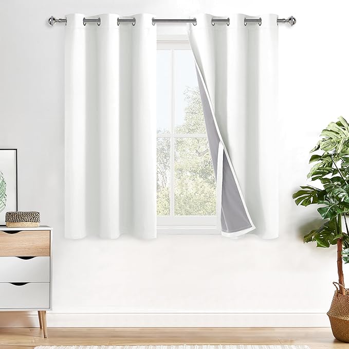 XWZO 100% Blackout Curtains with Tiebacks- 2 Thick Layers Completely Shaded Window Treatment Thermal Insulated Lined Drapes with Grommets for Small Window, Ivory, W42 x L45, Set of 2 Panels
