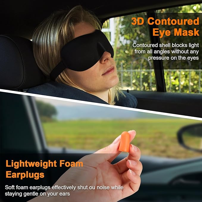 Travel Pillow - Hooded Neck Pillow Airplane Memory Foam Filling for Plane, Cars Sleeping, Road Trip, Long Flights, Airplane Travel Essentials, Includes Eye Mask & Earplugs (Light Gray)
