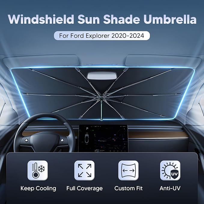 Autorder Windshield Sun Shade Umbrella for 2020-2025 Ford Explorer Accessories,Upgraded Ice Crystal Material,Easy Setup Umbrella Sunshade for Car Windshield,100% Sun Blocking