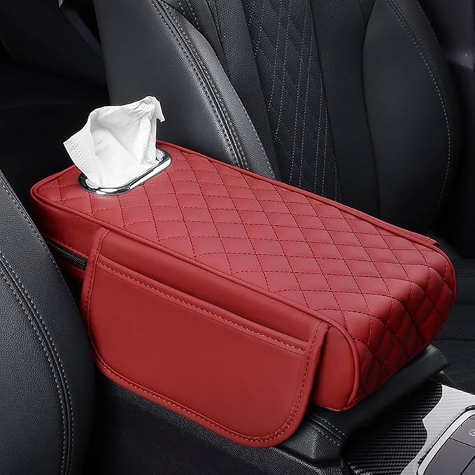 Car Center Console Cover for Infiniti FX SUV FX35 / FX37 / FX40 / FX45 /FX50, Leather Car Arm Rest Cover, Car Armrest Cushion with 2 Storage Bags Car Center Console Armrest Pad, F Red