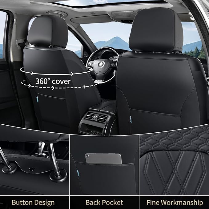 FLORICH Leather Cars Seat Covers Full Set Waterproof Automotive Seat Covers Front and Rear 5 Seats Full Wrapping Edge Seat Protector Cushion Universal Fit for Most Car Truck SUV, Black
