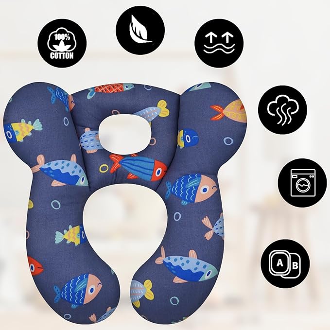 Baby Travel Pillow, Upgrade U-Shape Infant Pillow for Car Seat Pushchair and Stroller, Soft Comfortable Sleep Cushion for Kids Newborn and Toddler -Fish DarkBlue
