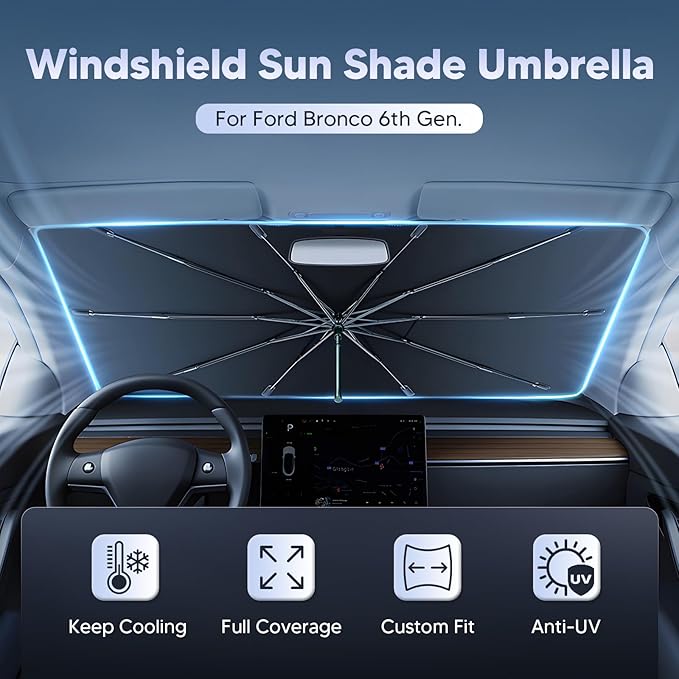 Autorder Windshield Sun Shade Umbrella for 2021-2025 Ford Bronco Accessories,Upgraded Ice Crystal Material,Easy Setup Umbrella Sunshade for Car Windshield,100% Sun Blocking(Not for Bronco Sport)