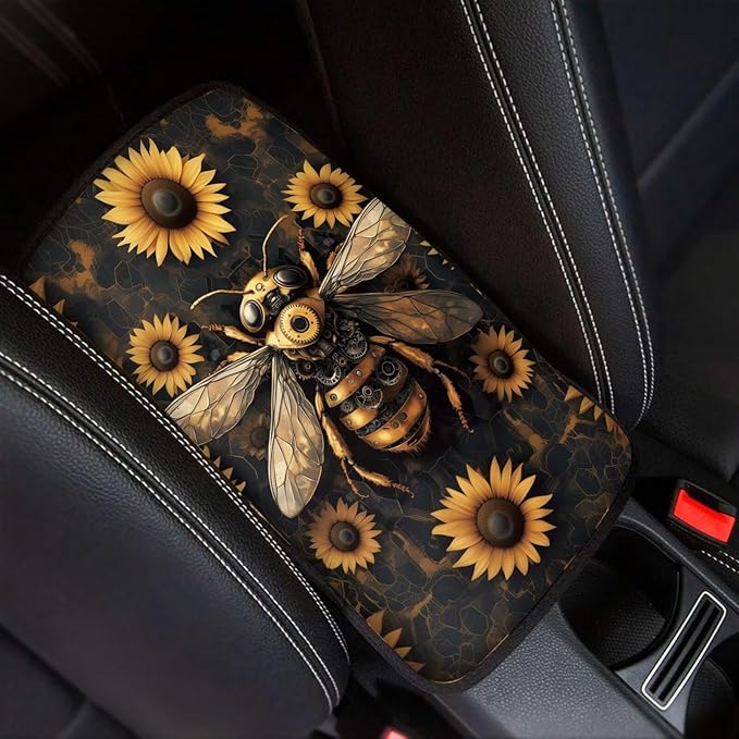 Suobstales Bee Sunflower Print Car Armrest Pad Soft Center Console Arm Rest Protector Cover Universal Car Interior Accessories Decoration