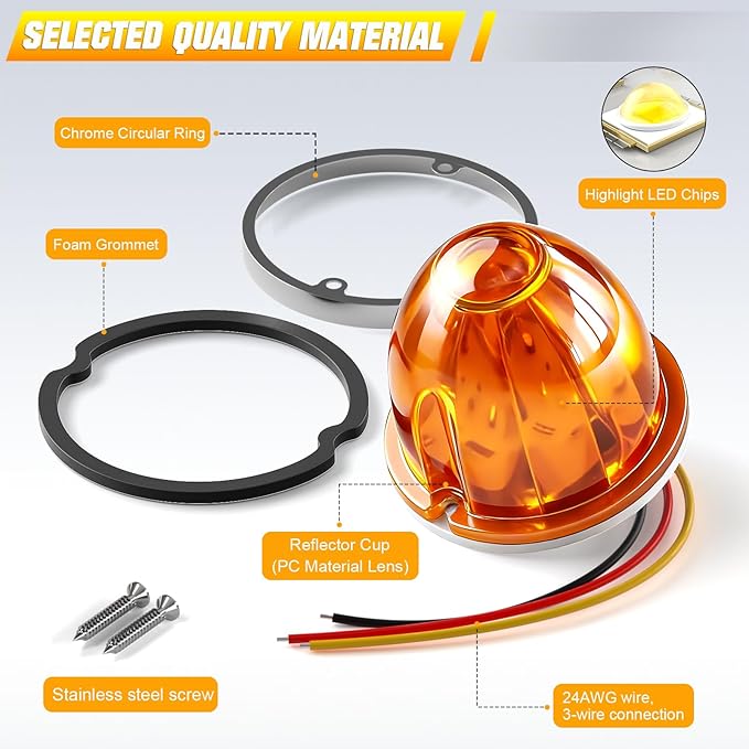 BJZ 8Pcs Amber Watermelon LED Strobe+Constant Marker Lights Dual Function Watermelon-shaped Side Marker Clearance Tail Top Cap Roof Lights for Trailer Truck Semi-trailer Heavy-duty Truck Bus Van
