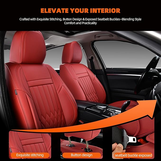 KEYOOG 5-Seater Waterproof and Breathable Nappa Leather Car Seat Covers Full Set, Fit for Front and Rear Seats of Cars, Compatible with Airbags, Car Seat Protector Covers for Most Cars - Wine red