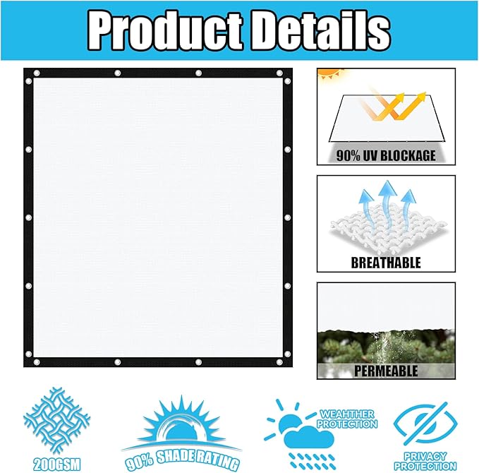 Amagenix 90% Pergola Shade Cover 6' X 24' Sun Shade Cloth with Grommets for Outdoor Garden Patio Porch, Commercial Grade 200 GSM - Cable Zip Ties Included (We Customized) GN108, White