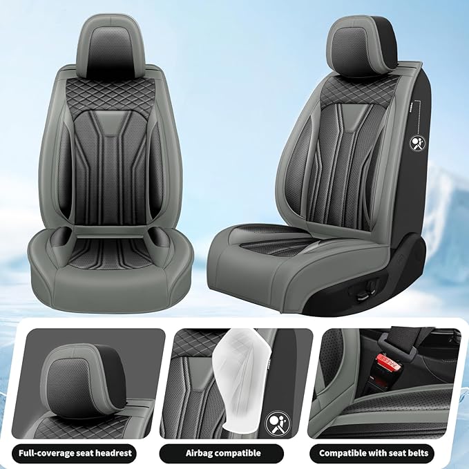 Fit Leaf Car Seat Covers Compatible with Nissan Leaf 2012-2025 2026 - Full Set Premium Leather， Waterproof Breathable， All-Weather Seat Cushion Protecto&Airbag Compatible （Gray & Black