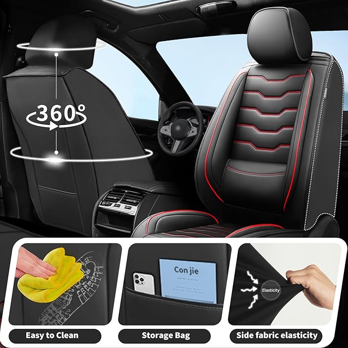 Fit Murano Car Seat Covers Compatible with Nissan Murano 2004-2025 2026 - Full Set Premium Leather， Waterproof Breathable， All-Weather Seat Cushion Protecto&Airbag Compatible（Red Line Black
