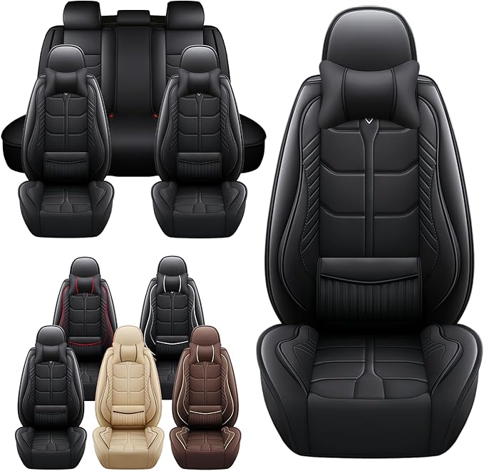 Leather Car Seat Covers Fit for Toyota Avalon 1996-2024, 5 Seater Car Seat Cover, Premium Waterproof, Scratch Resistant Car Interior Accessories (Full Set with Pillow Black)