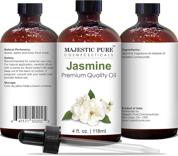 Majestic Pure Essential Oil with Glass Dropper - 100% Pure and Natural - Essential Oils for Diffuser, Aromatherapy, Soap and Candle Making, Jasmine Essential Oil, Jasmine Oil, 4 Fl Oz