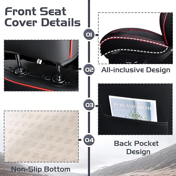 Truck Seat Covers for Toyota Tundra 2008-2026, Waterproof Premium Leather Full Coverage Car Seat Cover, Muscle Sport Style Auto Interior Seat Cover Sets (Full Set/Black Red)