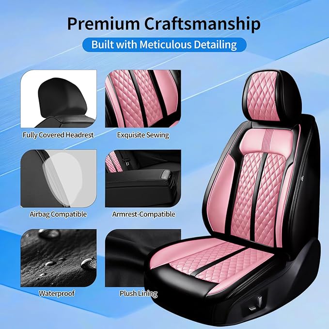 Fit Accord Car Seat Covers for Select Honda Accord 2012-2026 - Premium Full Coverage Leather, Airbag Compatible, Waterproof & All Weather Seat Protector, Front Pair Black+Pink