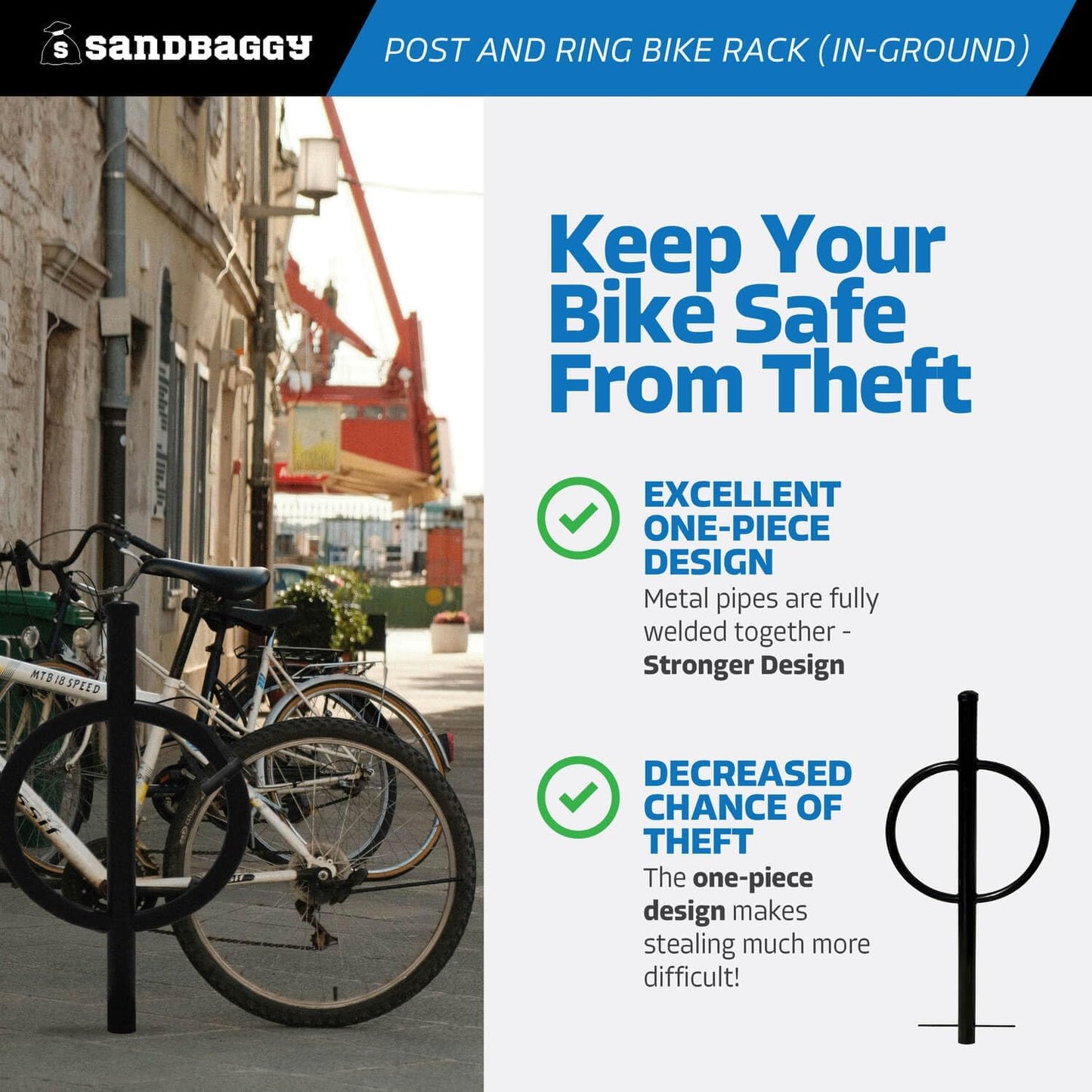 Sandbaggy Post and Ring Bike Rack - Commercial Outdoor Bike Parking Racks (In-Ground, 2)