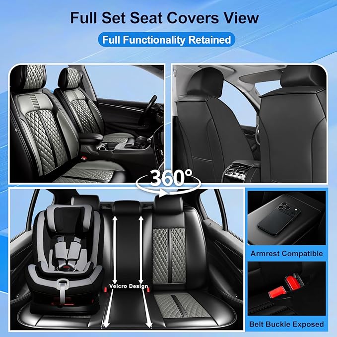 Fit Cruze Car Seat Covers for Select Chevrolet/Chevy Cruze 2011-2019, Premium Full Coverage Leather, Airbag Compatible, Waterproof All Weather Seat Cushion Protector, Full Set, Black+Gray
