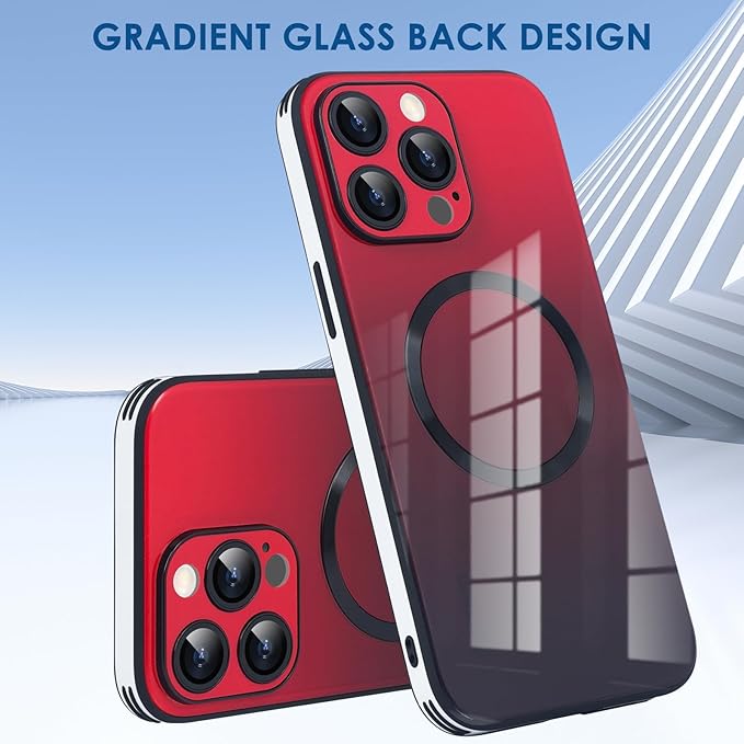 Guppy Compatible with iPhone 12 Pro Max Magnetic Case, Magnetic Gradient Case with Charging, Gradient Glass Back Cover with Lens Film-Red