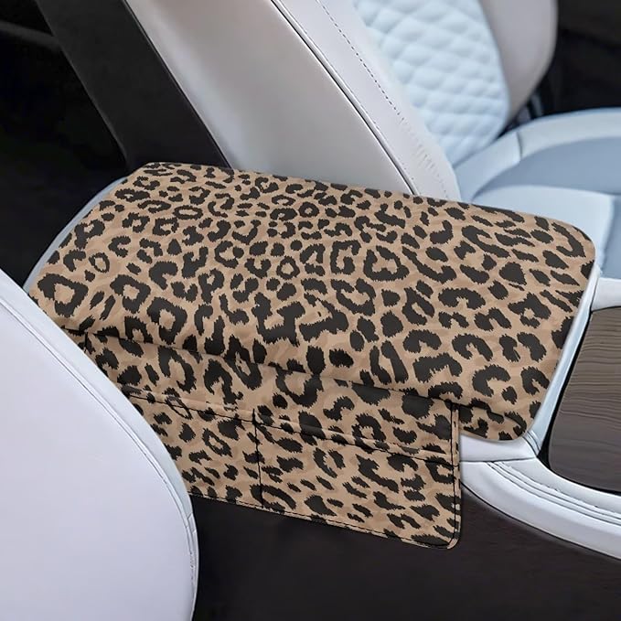 Dreaweet Brown Leopard Print Center Console Cover Thick Arm Rest Cover for Car Women Cheetah Car Accessories Interior Middle Console Cushion Cover Pad with Pockets